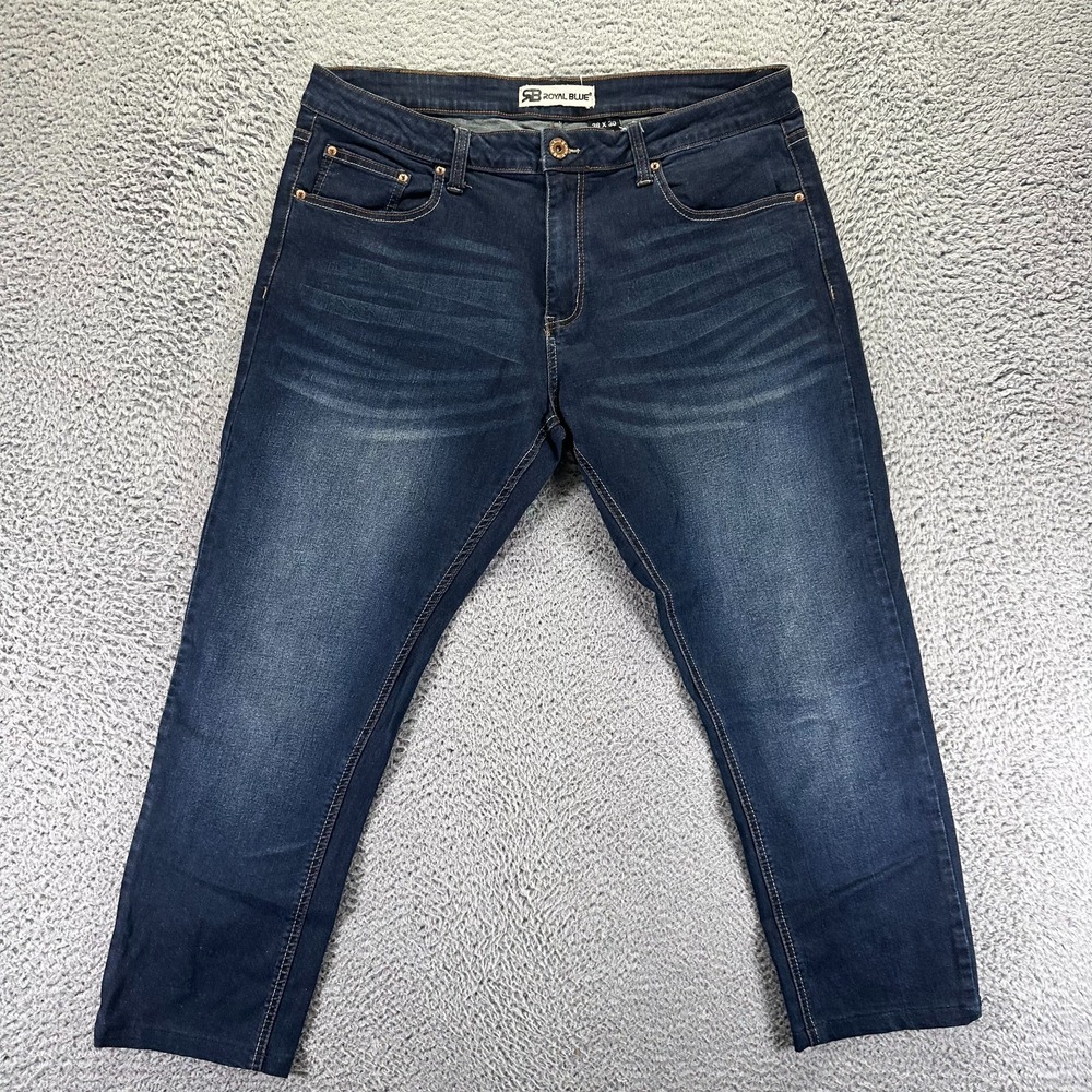 Royal Blue Jeans Men 38x28 Blue Cotton Denim Straight Leg Faded Workwear Stretch